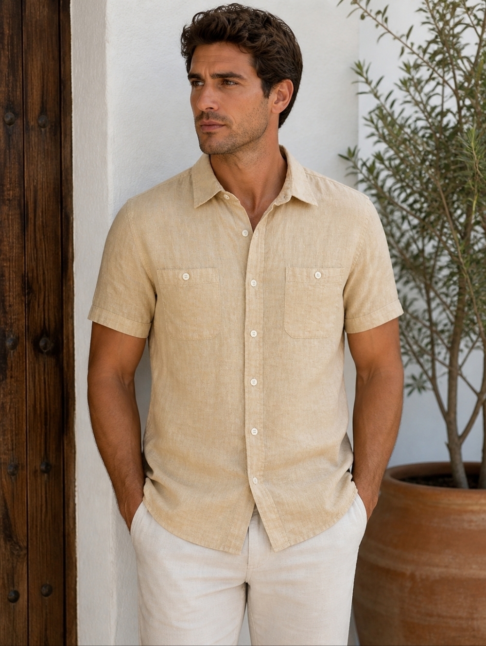 Bruno 100% Linen Shirt L Fitted Wheat Tan Summer Resort Button Up